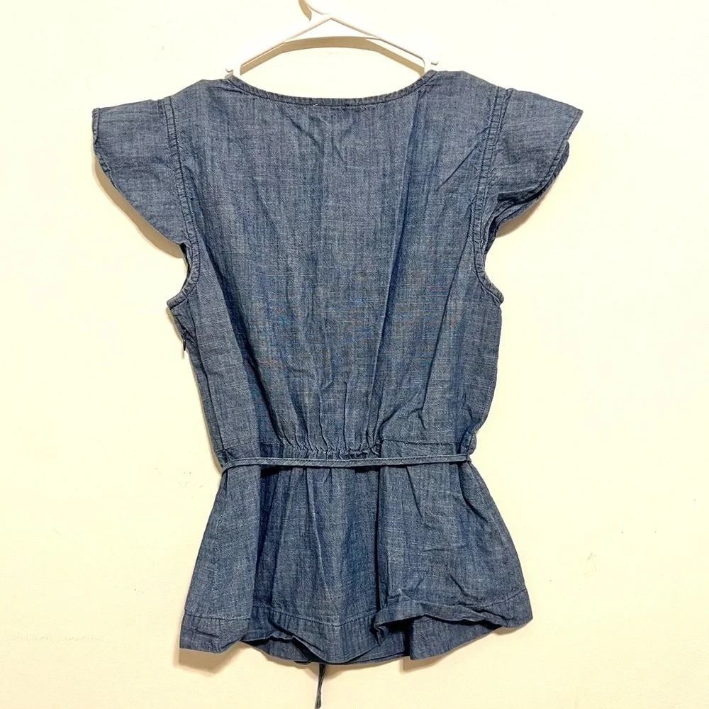 2/$30 J. Crew - Chambray Flutter Sleeve Faux Wrap Tie Waist Blouse Blue Size 00